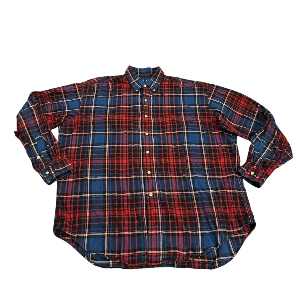 Ralph Lauren Blaire Mens Large Plaid Button Down Shirt‎ Blue Red Cotton Btg